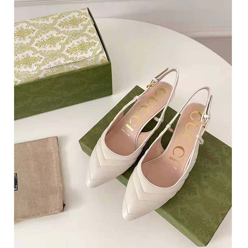 G*u*i gg women matelassé sling back white matelassé chevron leather 7 cm heel