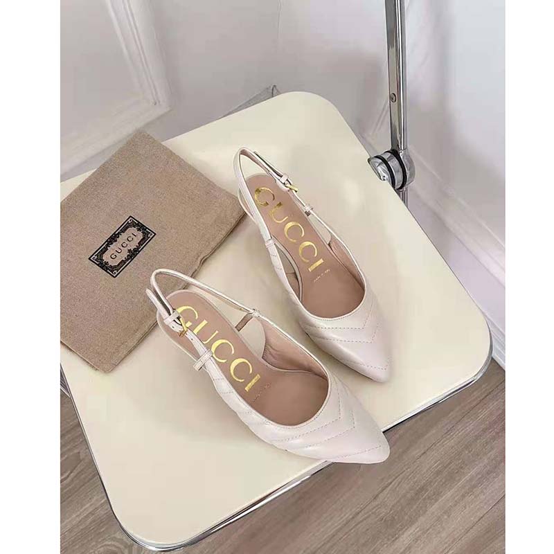 G*u*i gg women matelassé sling back white matelassé chevron leather 7 cm heel