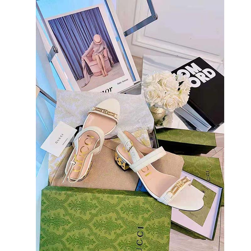 G*u*i gg women sandal with chain-shaped heel butter colored leather with off-white