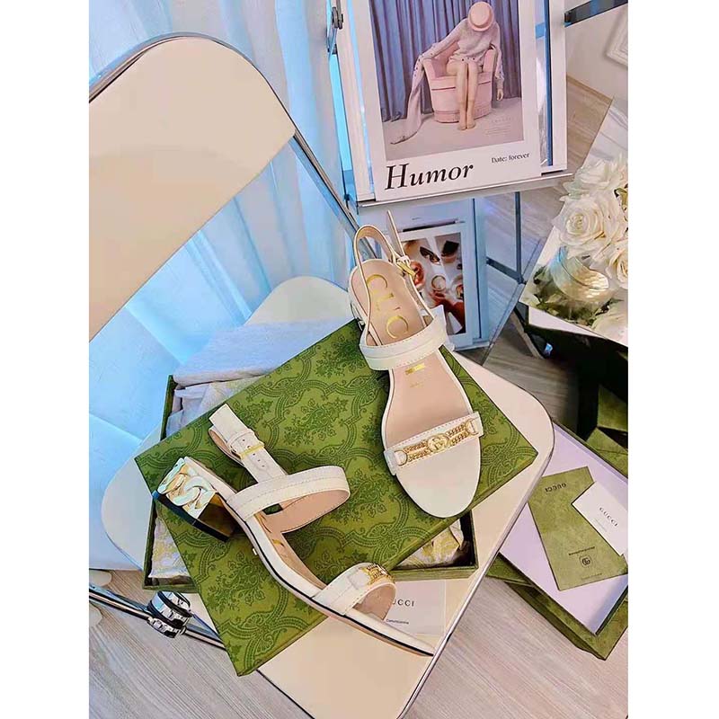 G*u*i gg women sandal with chain-shaped heel butter colored leather with off-white
