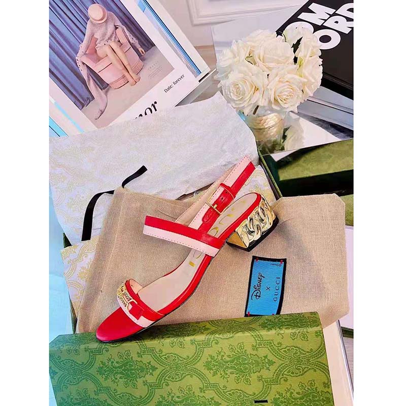 G*u*i gg women sandal with chain-shaped heel hibscus red leather with pastel pink