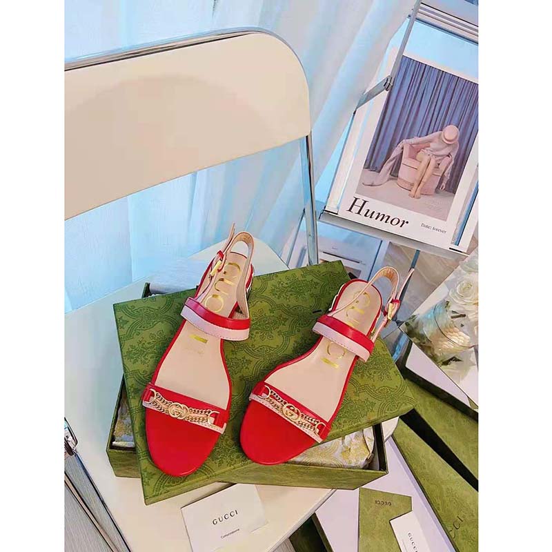 G*u*i gg women sandal with chain-shaped heel hibscus red leather with pastel pink
