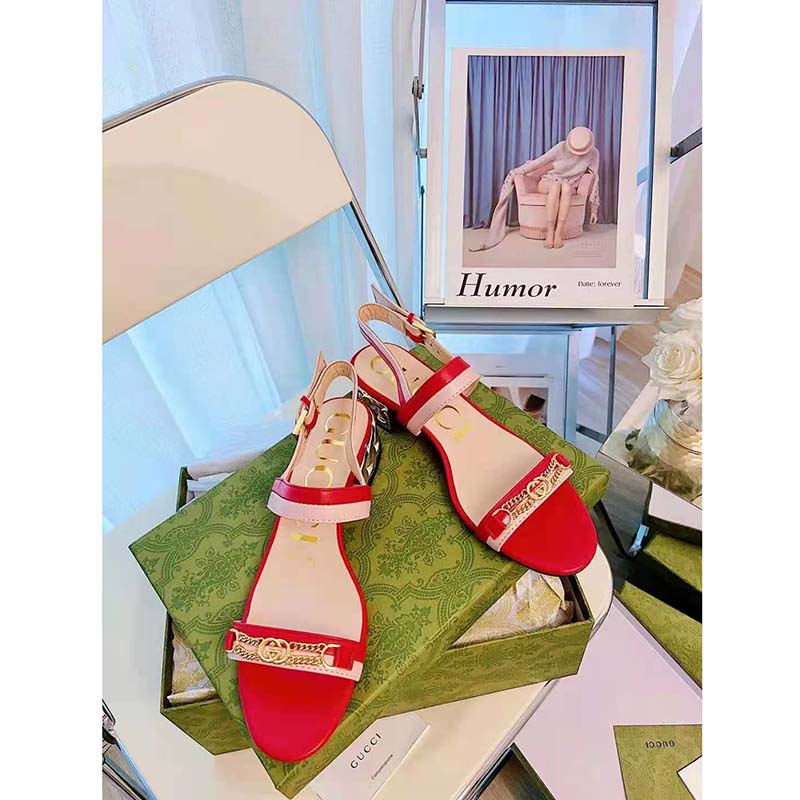G*u*i gg women sandal with chain-shaped heel hibscus red leather with pastel pink