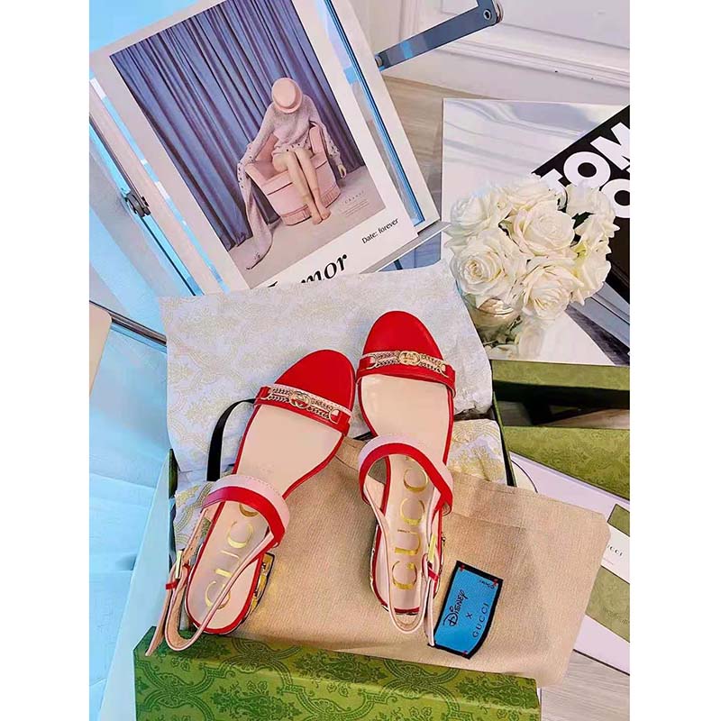 G*u*i gg women sandal with chain-shaped heel hibscus red leather with pastel pink