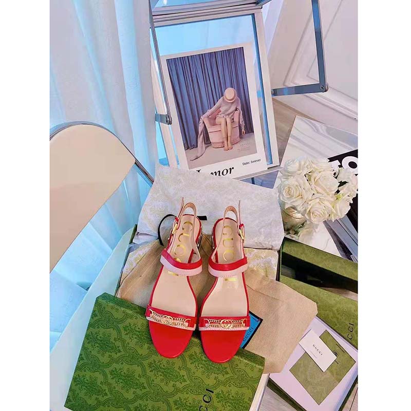 G*u*i gg women sandal with chain-shaped heel hibscus red leather with pastel pink