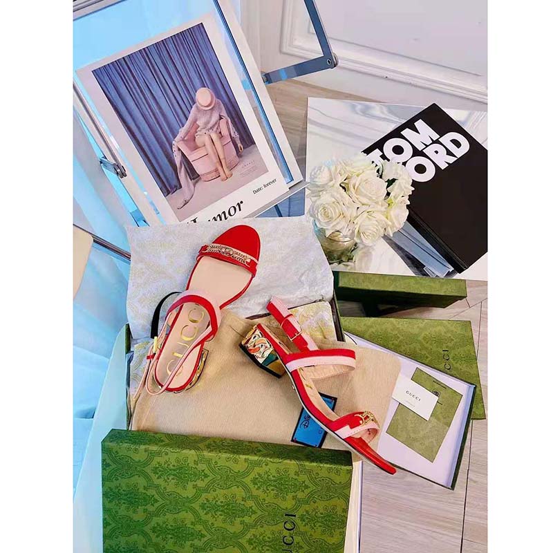 G*u*i gg women sandal with chain-shaped heel hibscus red leather with pastel pink