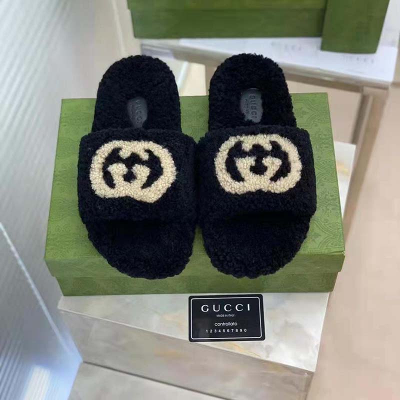G*u*i gg women slide sandal with interlocking g black interlocking g merino wool