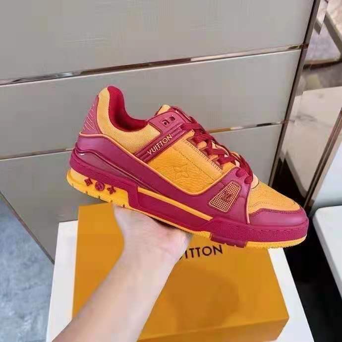 Louis Vuitton LV Unisex LV Trainer Sneaker Bordeaux Red Monogram Embossed Grained Calf Leather