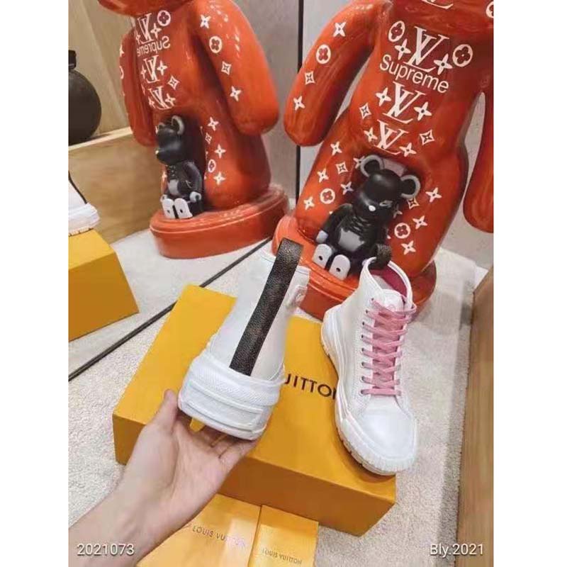 Louis Vuitton LV Women LV Squad Sneaker Boot White Pink Canvas and Calf Leather