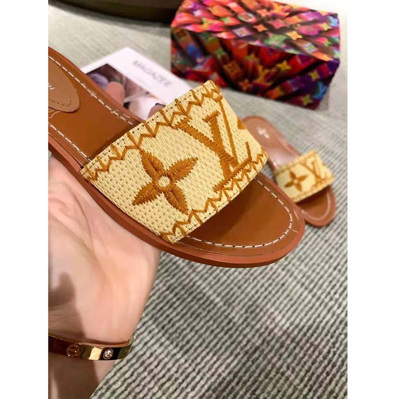 Louis Vuitton LV Women Lock It Flat Mule Cognac Brown Raffia Leather Outsole
