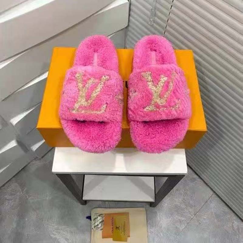 Louis Vuitton LV Women Paseo Flat Comfort Mule Pink Shearling LV Initials Monogram Flowers
