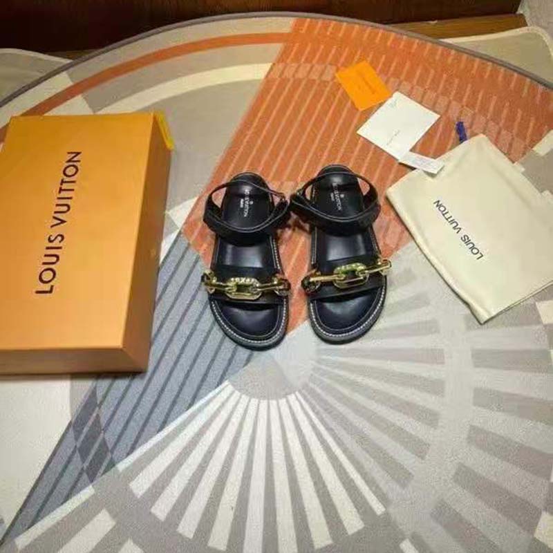 Louis Vuitton LV Women Paseo Flat Comfort Sandal Black Calf Leather Anatomic Insole