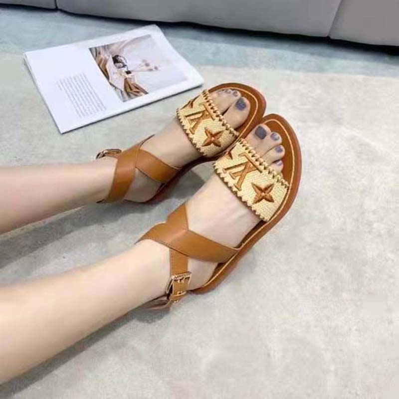 Louis Vuitton LV Women Sienna Flat Sandal Cognac Brown Raffia Leather Outsole