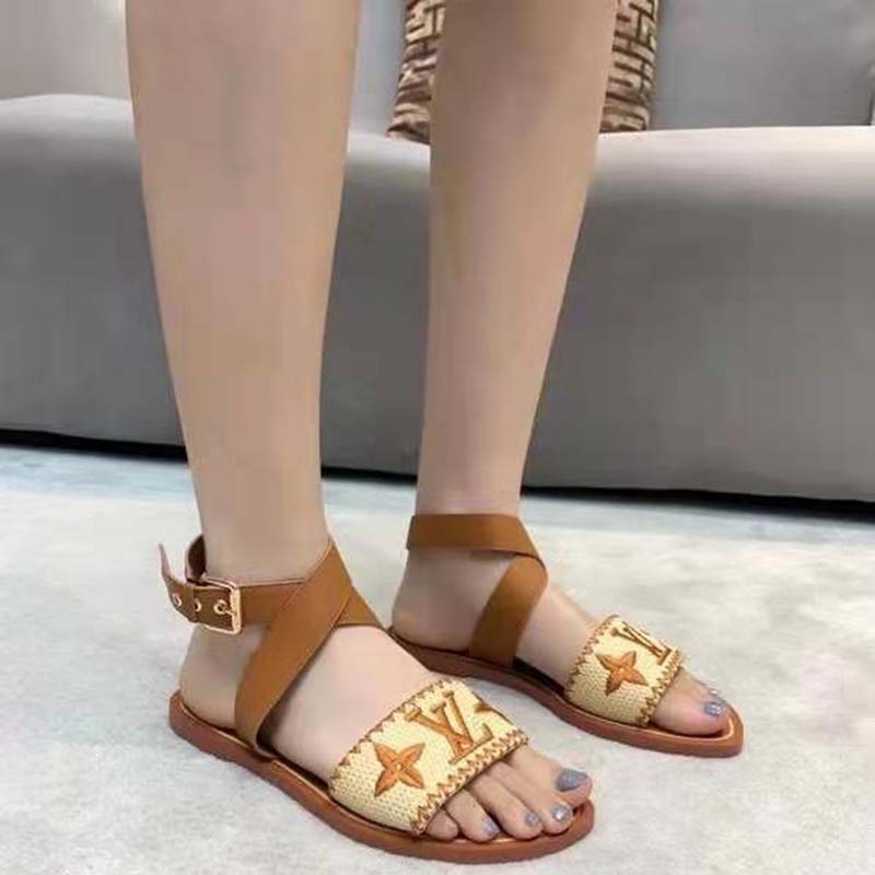 Louis Vuitton LV Women Sienna Flat Sandal Cognac Brown Raffia Leather Outsole