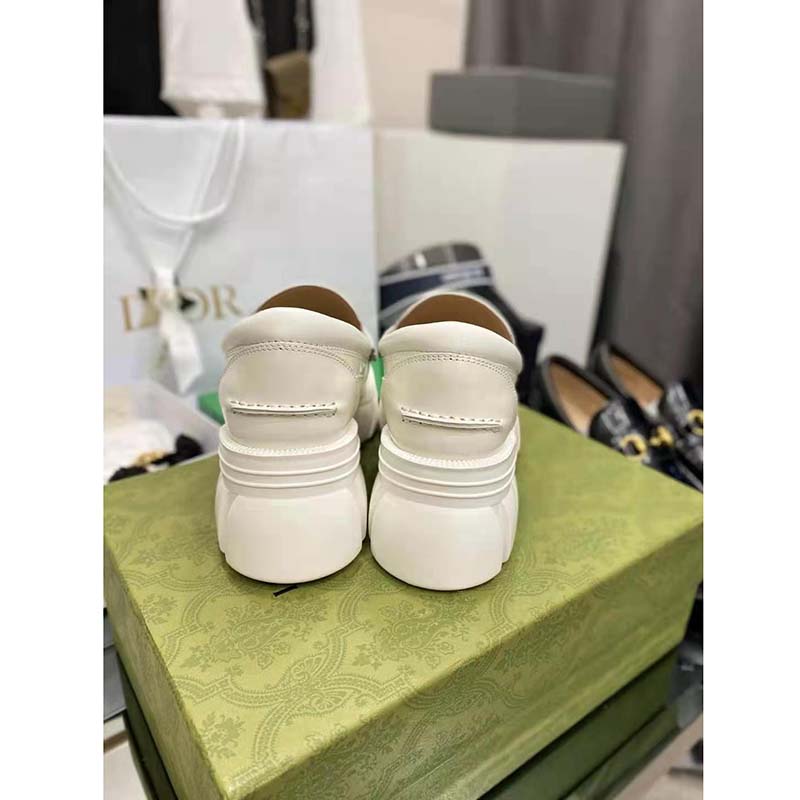 G*u*i gg women lug sole horsebit loafer white shiny leather 3 cm heel