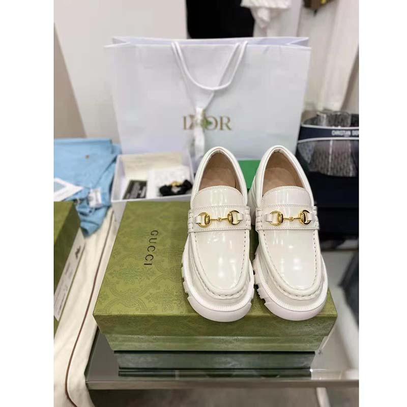 G*u*i gg women lug sole horsebit loafer white shiny leather 3 cm heel