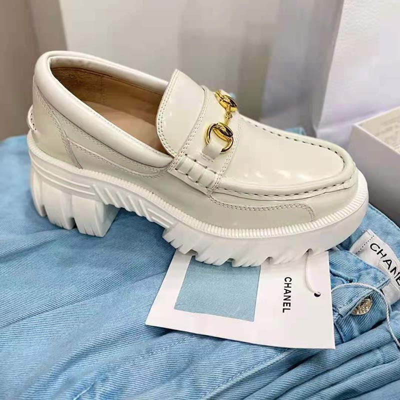G*u*i gg women lug sole horsebit loafer white shiny leather 3 cm heel