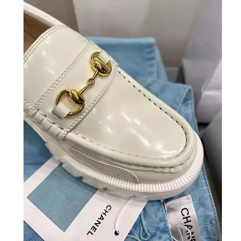 G*u*i gg women lug sole horsebit loafer white shiny leather 3 cm heel