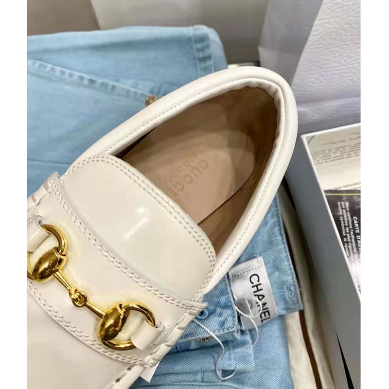 G*u*i gg women lug sole horsebit loafer white shiny leather 3 cm heel