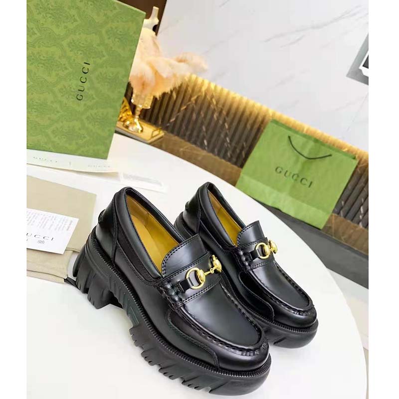 G*u*i women loafer with horsebit black leather rubber lug sole 4 cm heel