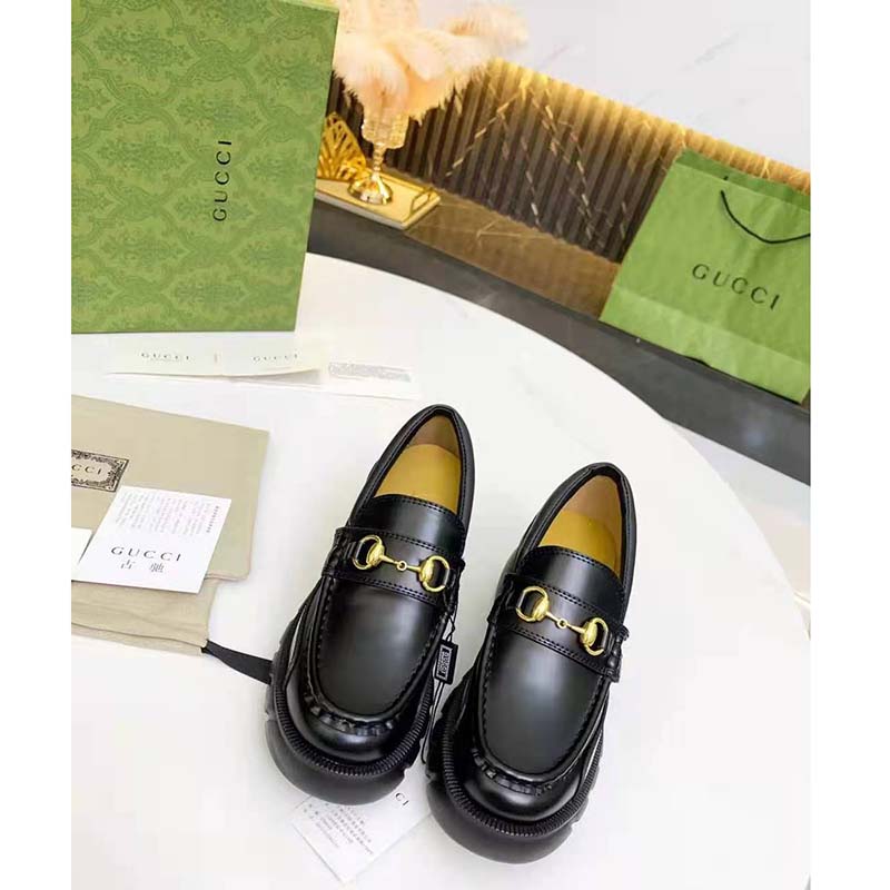 G*u*i women loafer with horsebit black leather rubber lug sole 4 cm heel