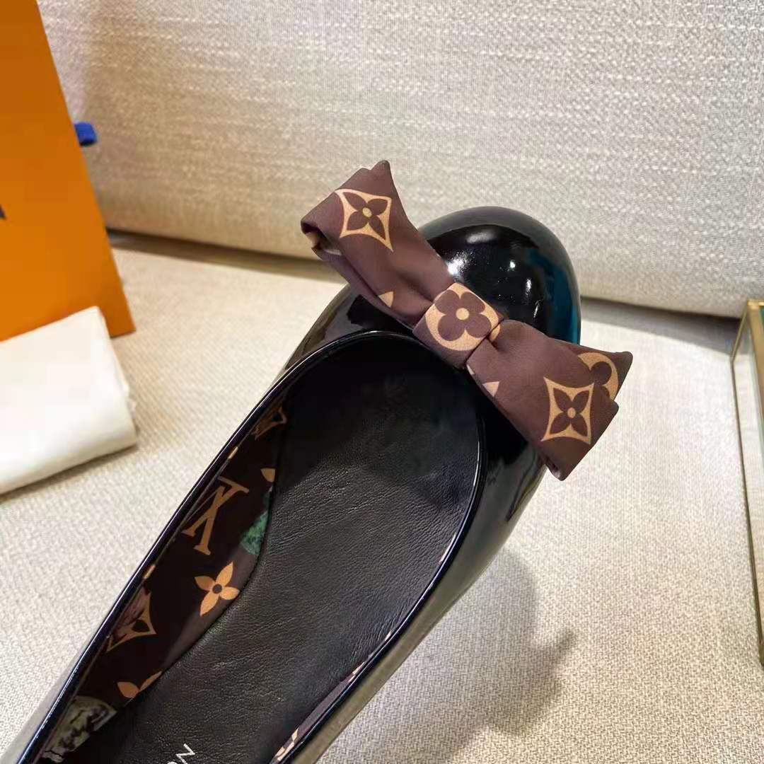 Louis Vuitton LV Women Popi Flat Ballerina Black Patent Calf Leather Monogram Nylon Bow