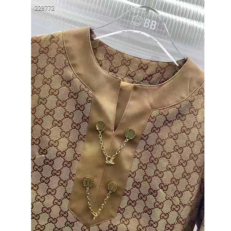 G*u*i women gg linen canvas kaftan beige ebony leather toggle chain