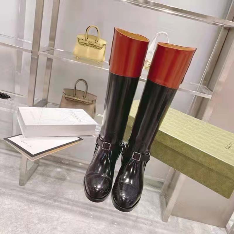 G*u*i gg women knee-high boot harness black brown leather interlocking g
