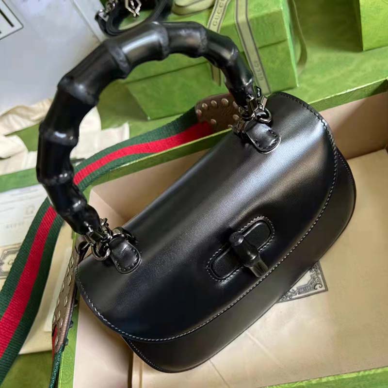 G*u*i gg women small top handle bag with bamboo black leather