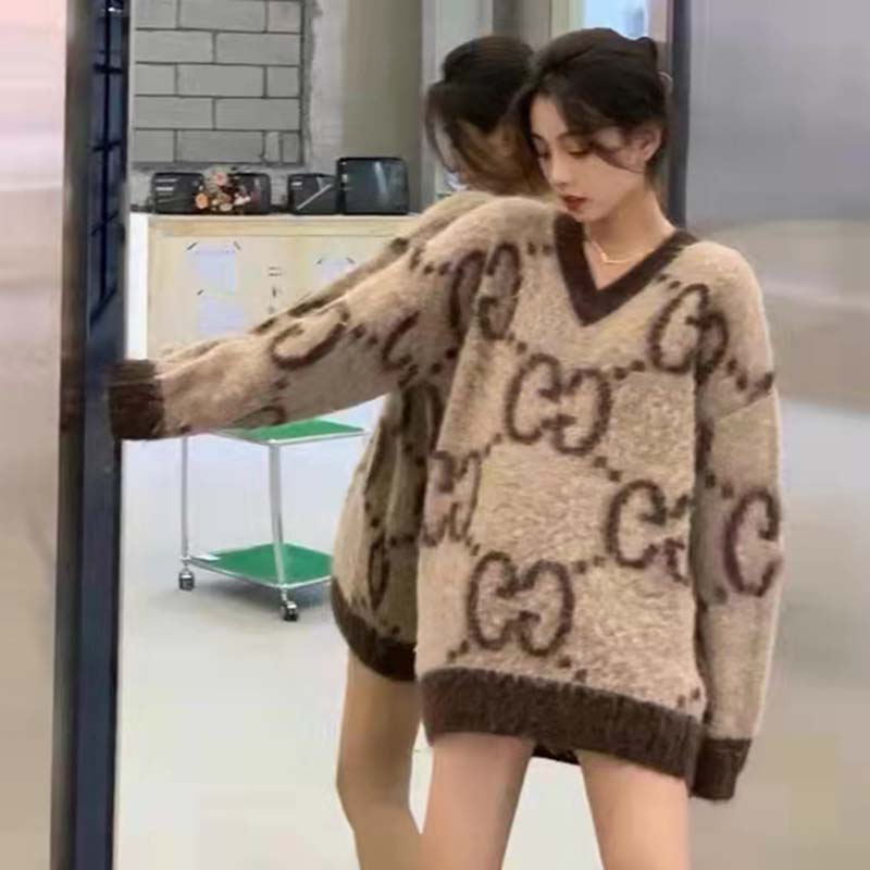 G*u*i women gg mohair wool v-neck sweater beige brown