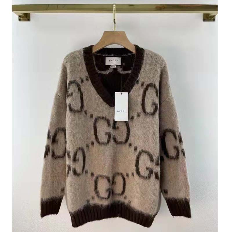 G*u*i men gg mohair wool v-neck sweater beige brown