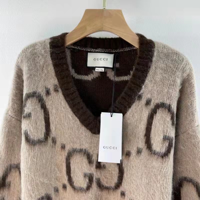 G*u*i men gg mohair wool v-neck sweater beige brown