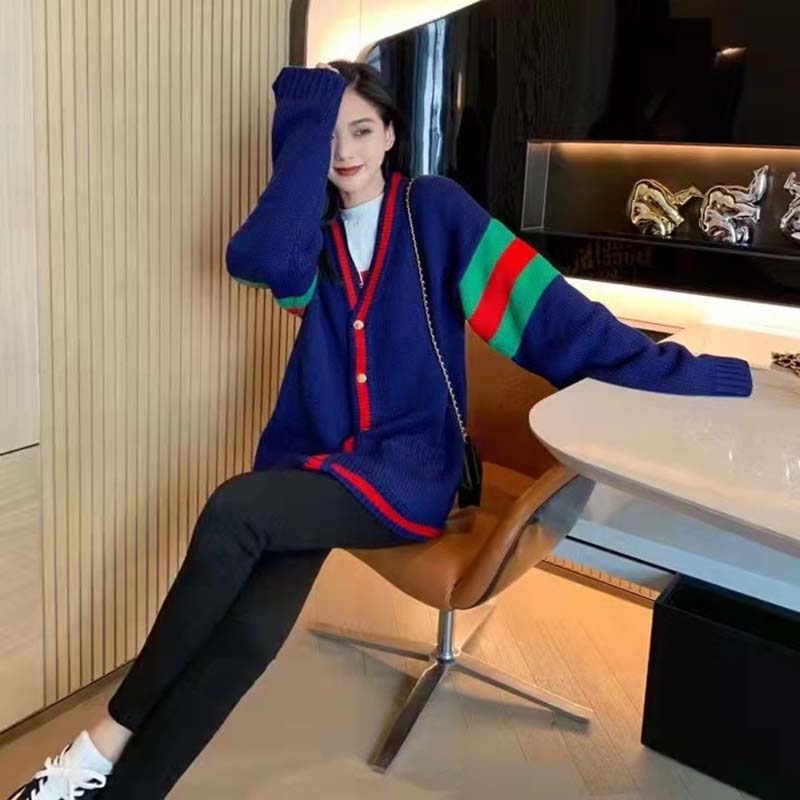 G*u*i women G*u*i 100 wool cardigan blue wool green red v-neck