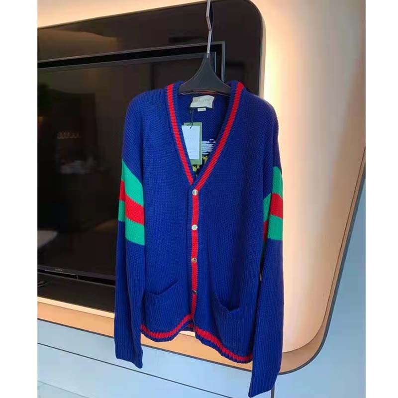 G*u*i gg men G*u*i 100 wool cardigan blue wool green red v-neck