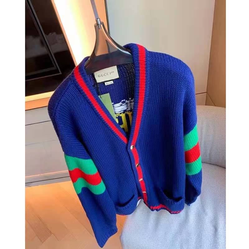 G*u*i women G*u*i 100 wool cardigan blue wool green red v-neck