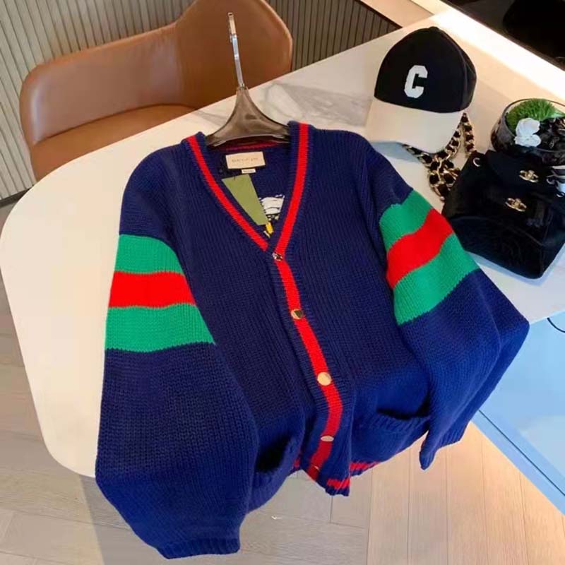 G*u*i gg men G*u*i 100 wool cardigan blue wool green red v-neck