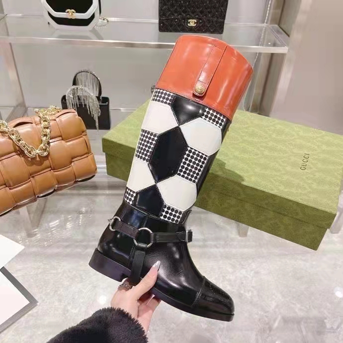 G*u*i women knee-high optical print boot black brown leather interlocking g