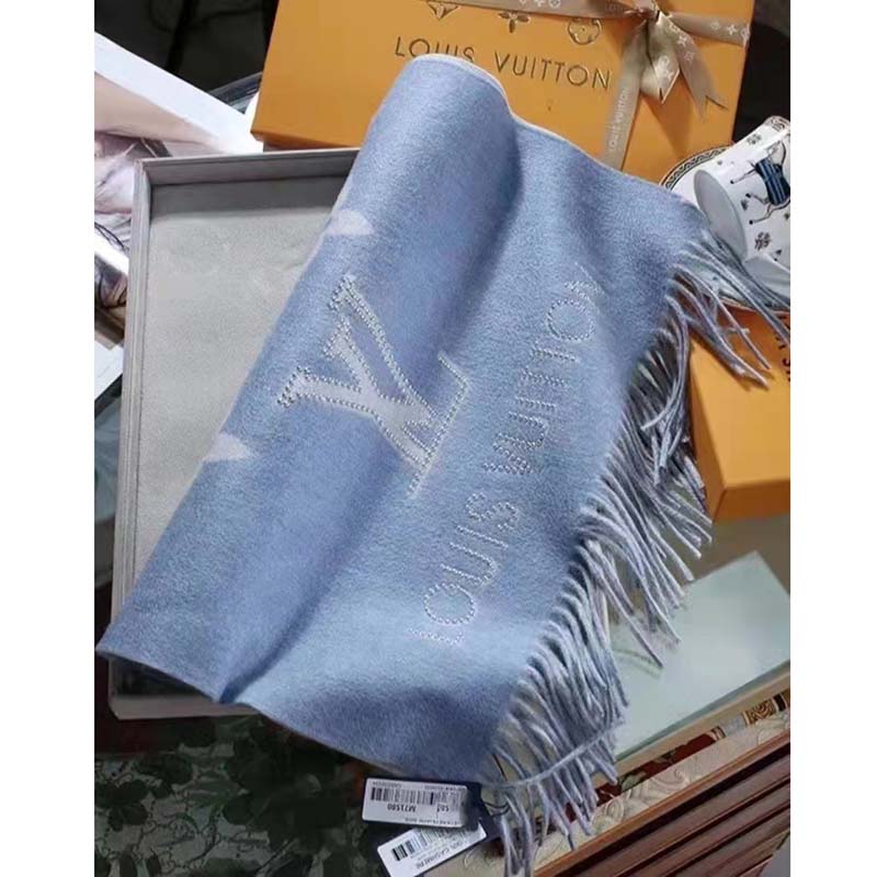 Louis Vuitton LV Unisex Studdy Reykjavik Scarf Denim Blue Allover Monogram Jacquard Weave