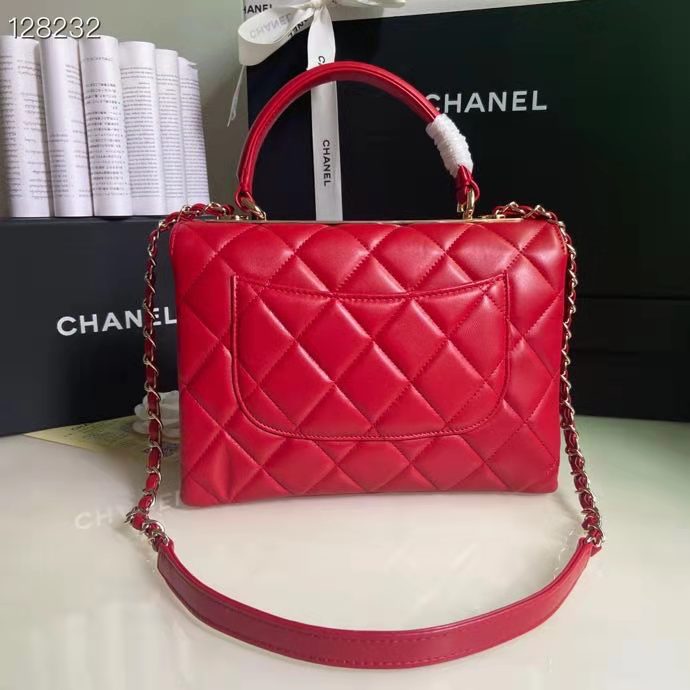 Chanel Women Flap Bag Top Handle Smooth Calfskin Gold-Tone Metal Red