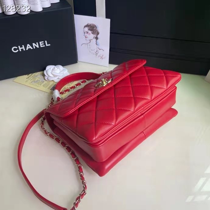 Chanel Women Flap Bag Top Handle Smooth Calfskin Gold-Tone Metal Red