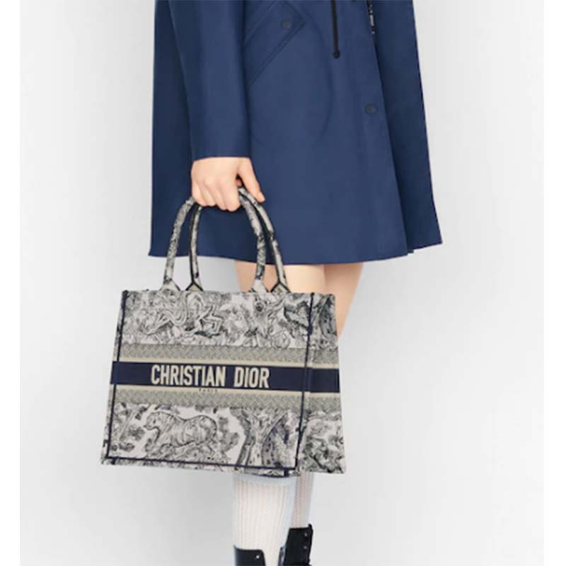 Dior Unisex Small Dior Book Tote Blue Toile De Jouy Embroidery