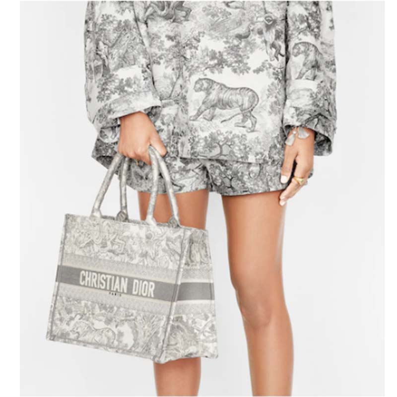 Dior Unisex Small Dior Book Tote Grey Toile De Jouy Embroidery
