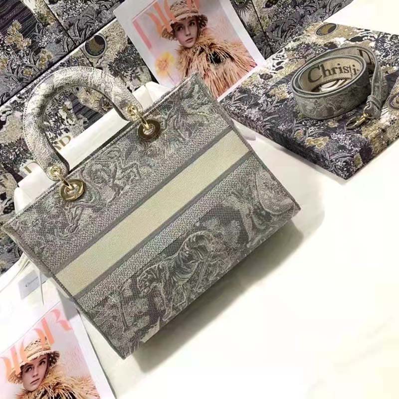 Dior Unisex Small Dior Book Tote Grey Toile De Jouy Embroidery