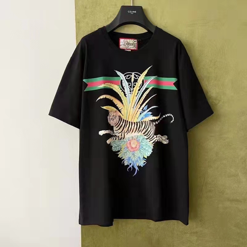 G*u*i gg women G*u*i tiger flower t-shirt black cotton jersey crewneck