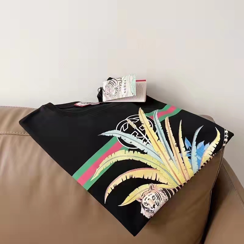 G*u*i gg women G*u*i tiger flower t-shirt black cotton jersey crewneck