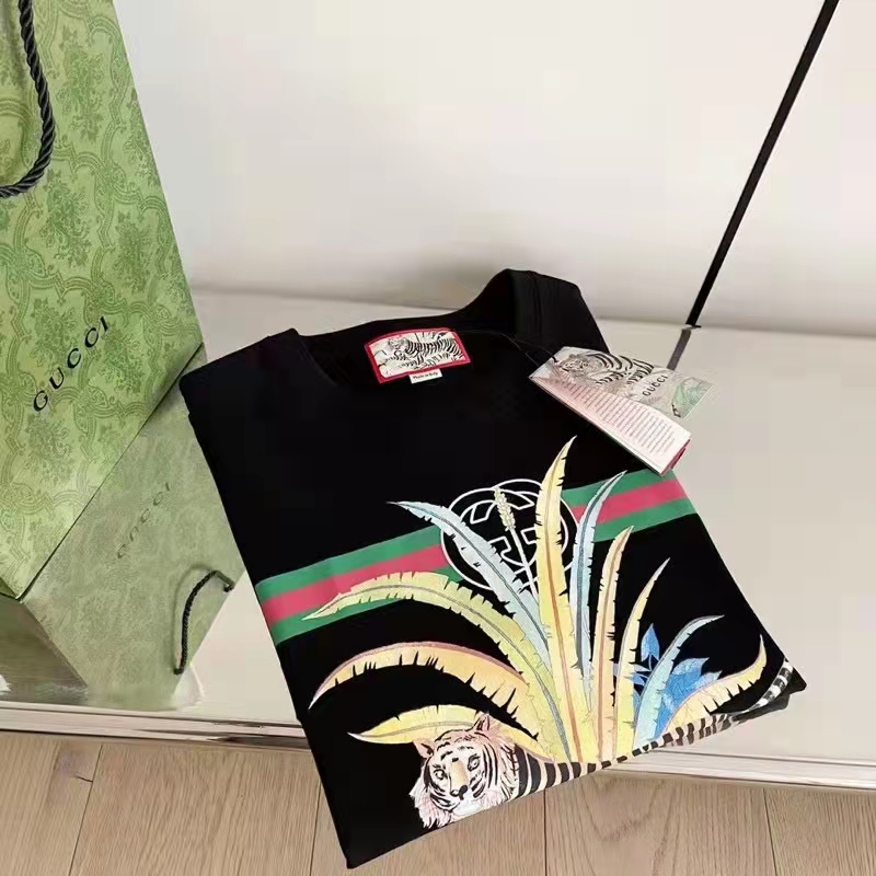 G*u*i gg women G*u*i tiger flower t-shirt black cotton jersey crewneck