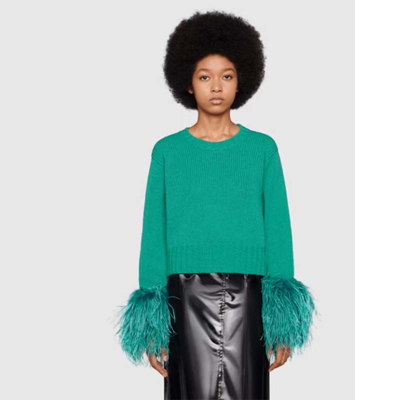 G*u*i gg women detachable feathers wool sweater double g embroidery crewneck