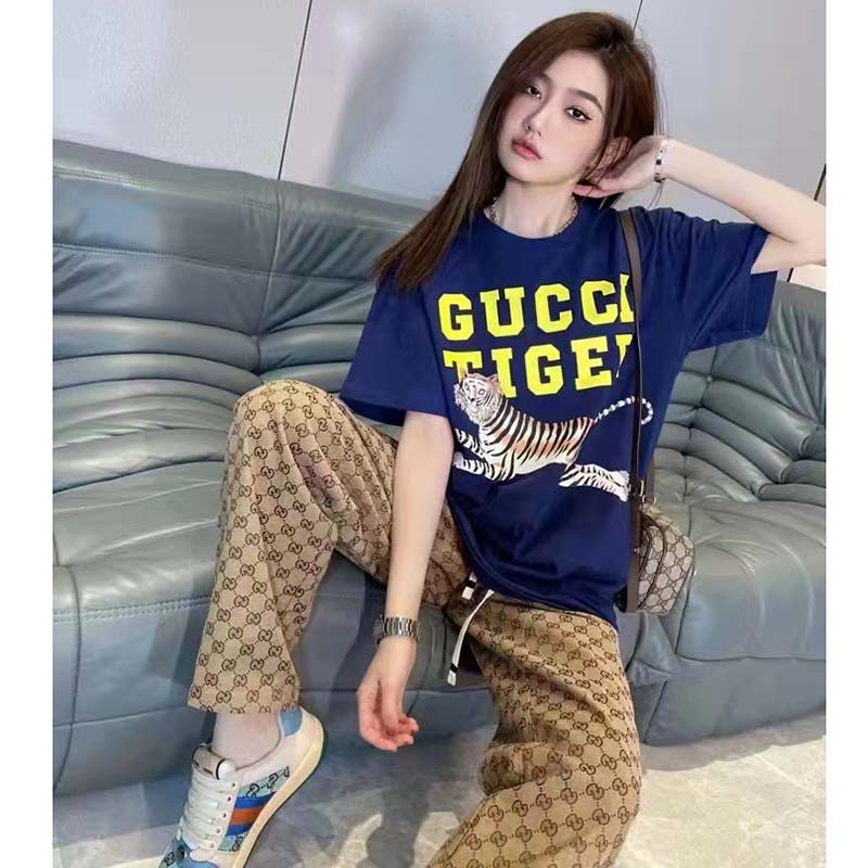 G*u*i gg women G*u*i tiger cotton t-shirt blue cotton jersey crewneck