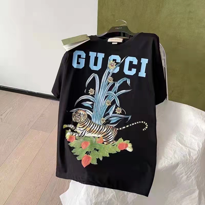 G*u*i gg women G*u*i tiger flower t-shirt black cotton jersey crewneck oversize fit