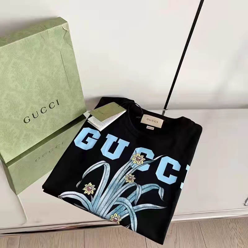 G*u*i gg women G*u*i tiger flower t-shirt black cotton jersey crewneck oversize fit